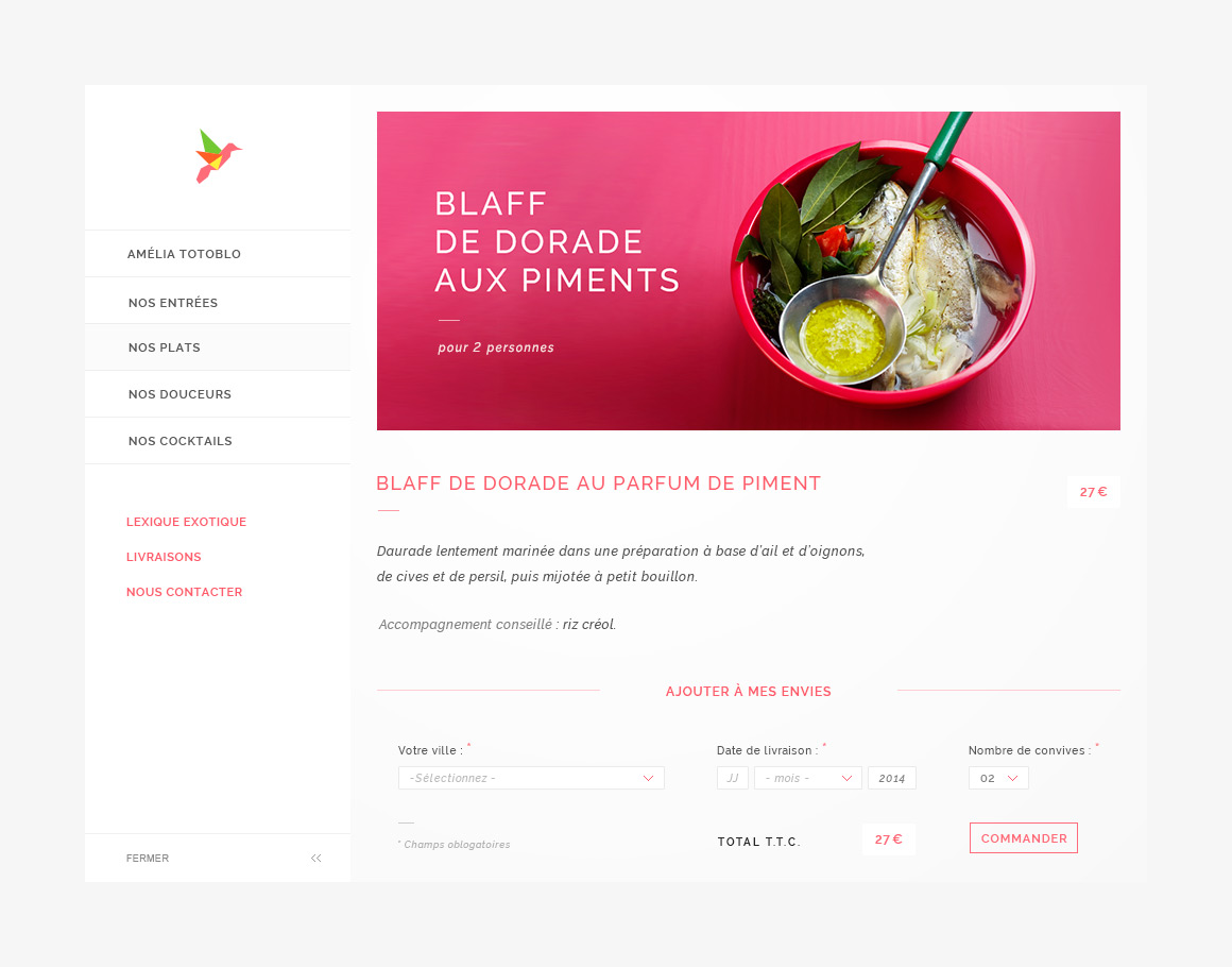 Home page webdesign of Amélia Totoblo, e-commerce website focus on Caribbean gastronomy
and created by Antoine Desmeliers