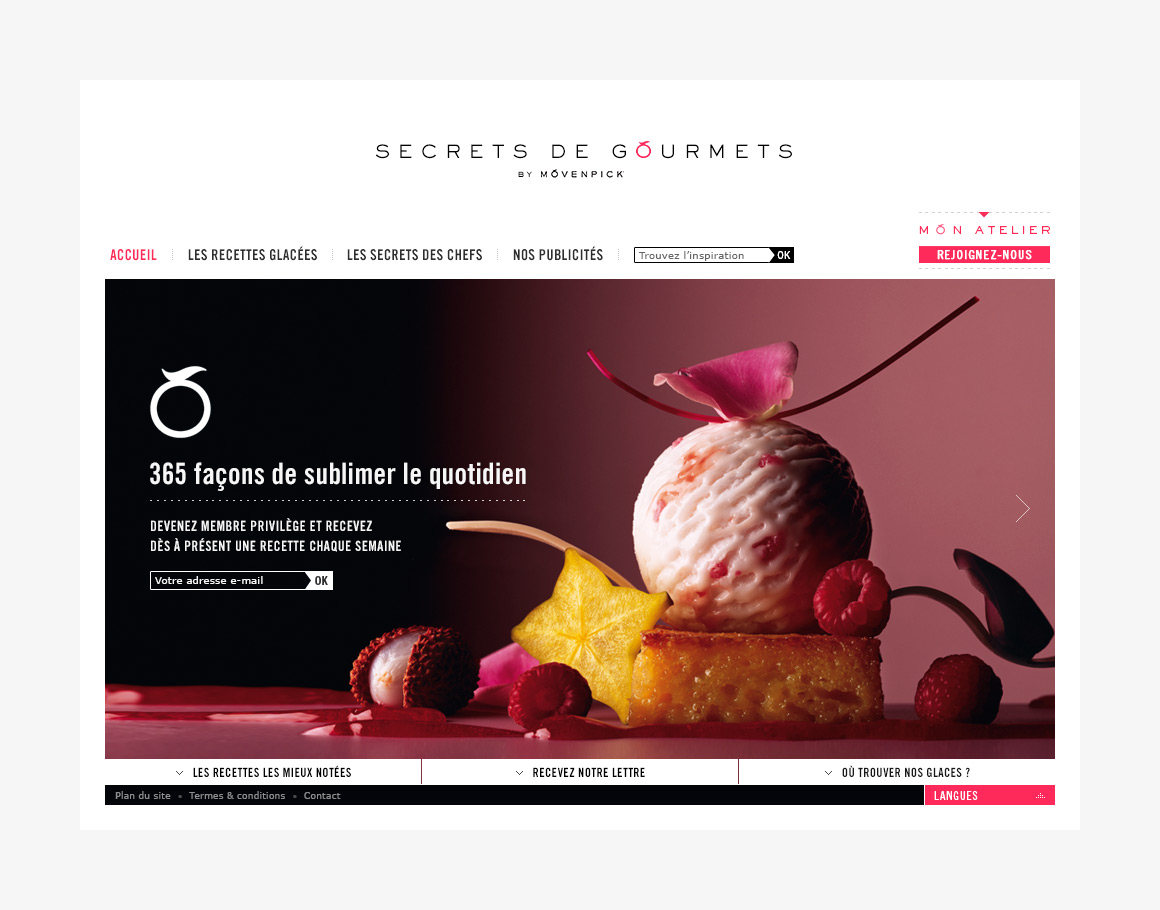 Home page webdesign of Movenpick Secrets de Gourmets,
brand content website created by Antoine Desmeliers, Laura Moreau Bockli, JWT Paris