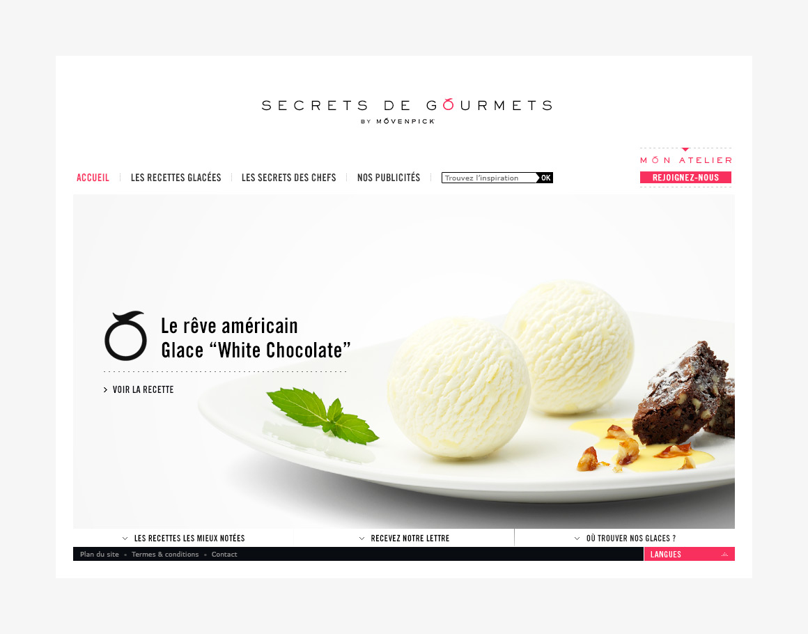 Home page webdesign of Movenpick Secrets de Gourmets,
brand content website created by Antoine Desmeliers, Laura Moreau Bockli, JWT Paris