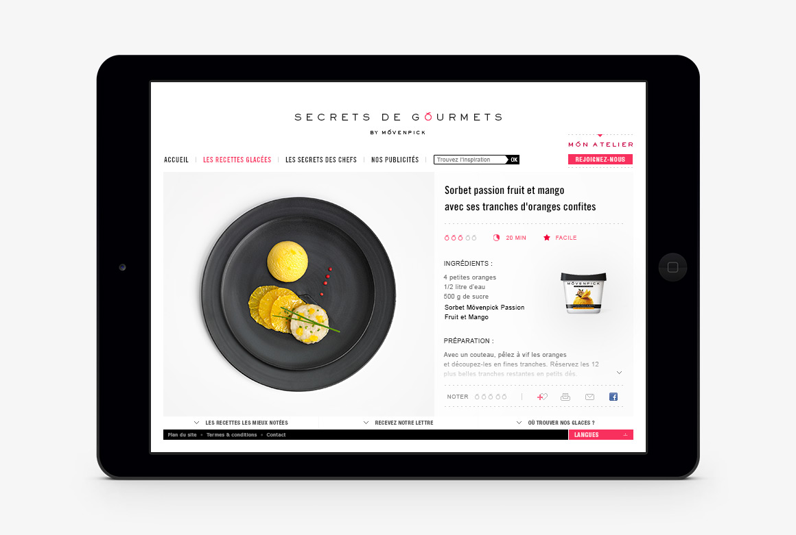 Recipe page webdesign of Movenpick Secrets de Gourmets,
brand content website created by Antoine Desmeliers, Laura Moreau Bockli, JWT Paris
