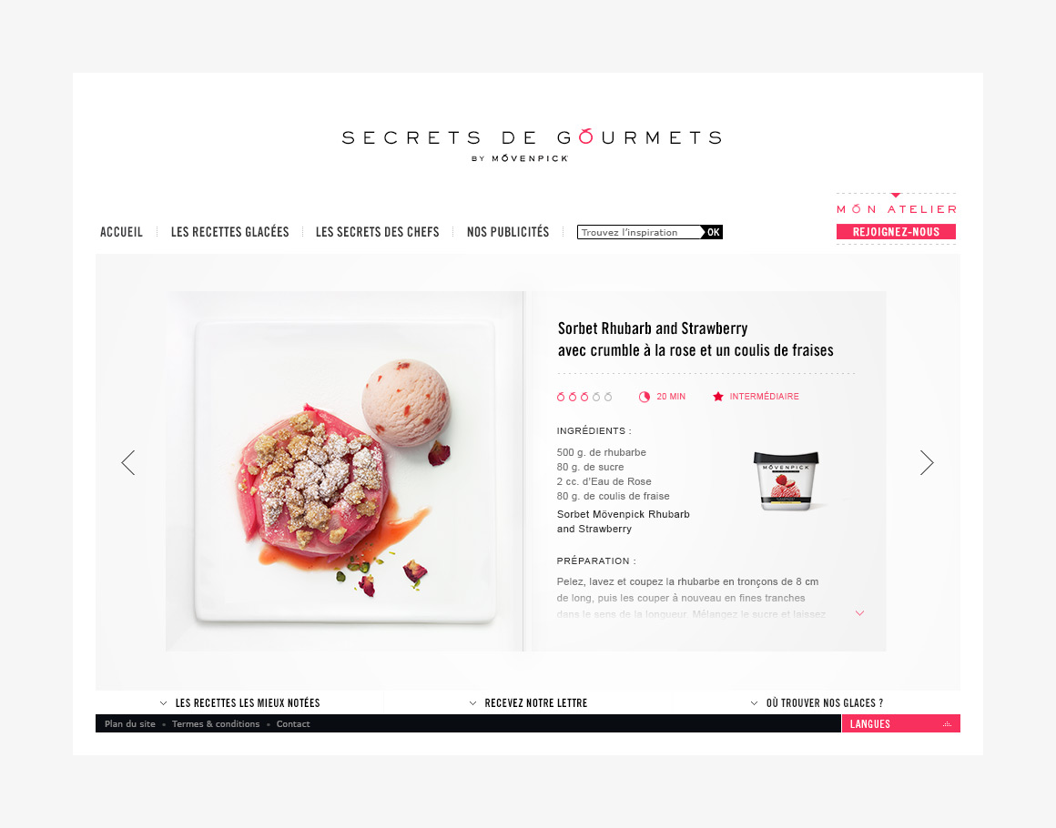Recipe page webdesign of Movenpick Secrets de Gourmets,
brand content website created by Antoine Desmeliers, Laura Moreau Bockli, JWT Paris