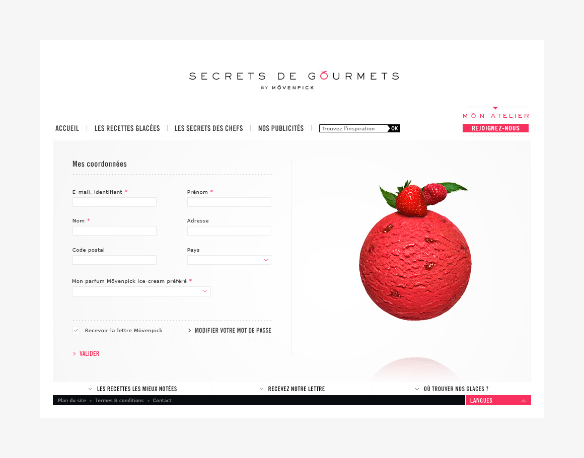 Form page webdesign of Movenpick Secrets de Gourmets,
brand content website created by Antoine Desmeliers, Laura Moreau Bockli, JWT Paris