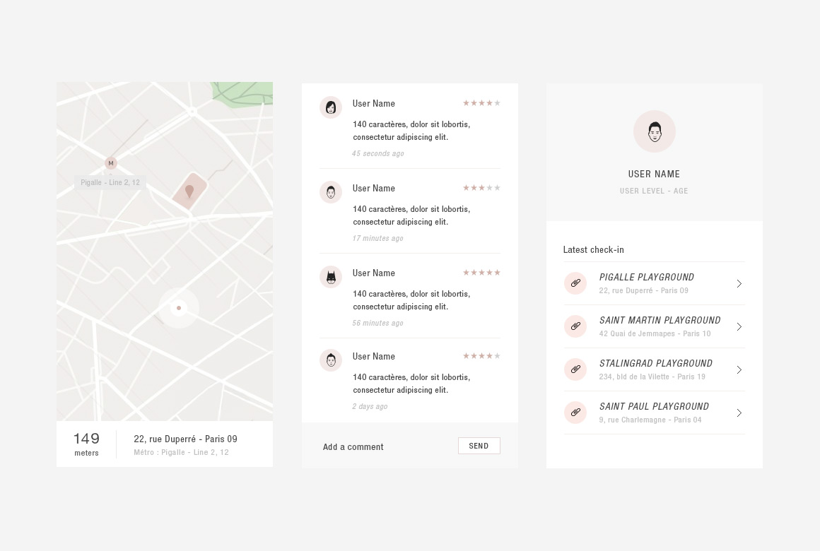 Map, comments and profile wireframes of Playground, basketball app mobile
created by Antoine Desmeliers, Antoine Plu, Vincent Desdoigts et Claire Coloma