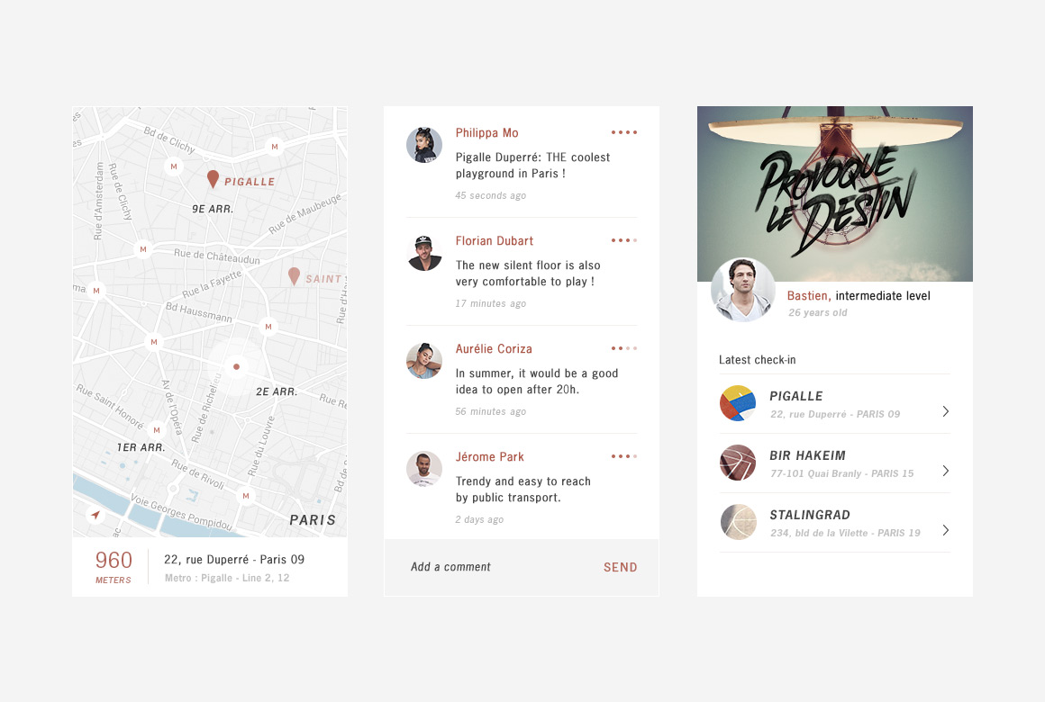 Map, comments and profile webdesign of Playground, basketball app mobile
created by Antoine Desmeliers, Antoine Plu, Vincent Desdoigts et Claire Coloma