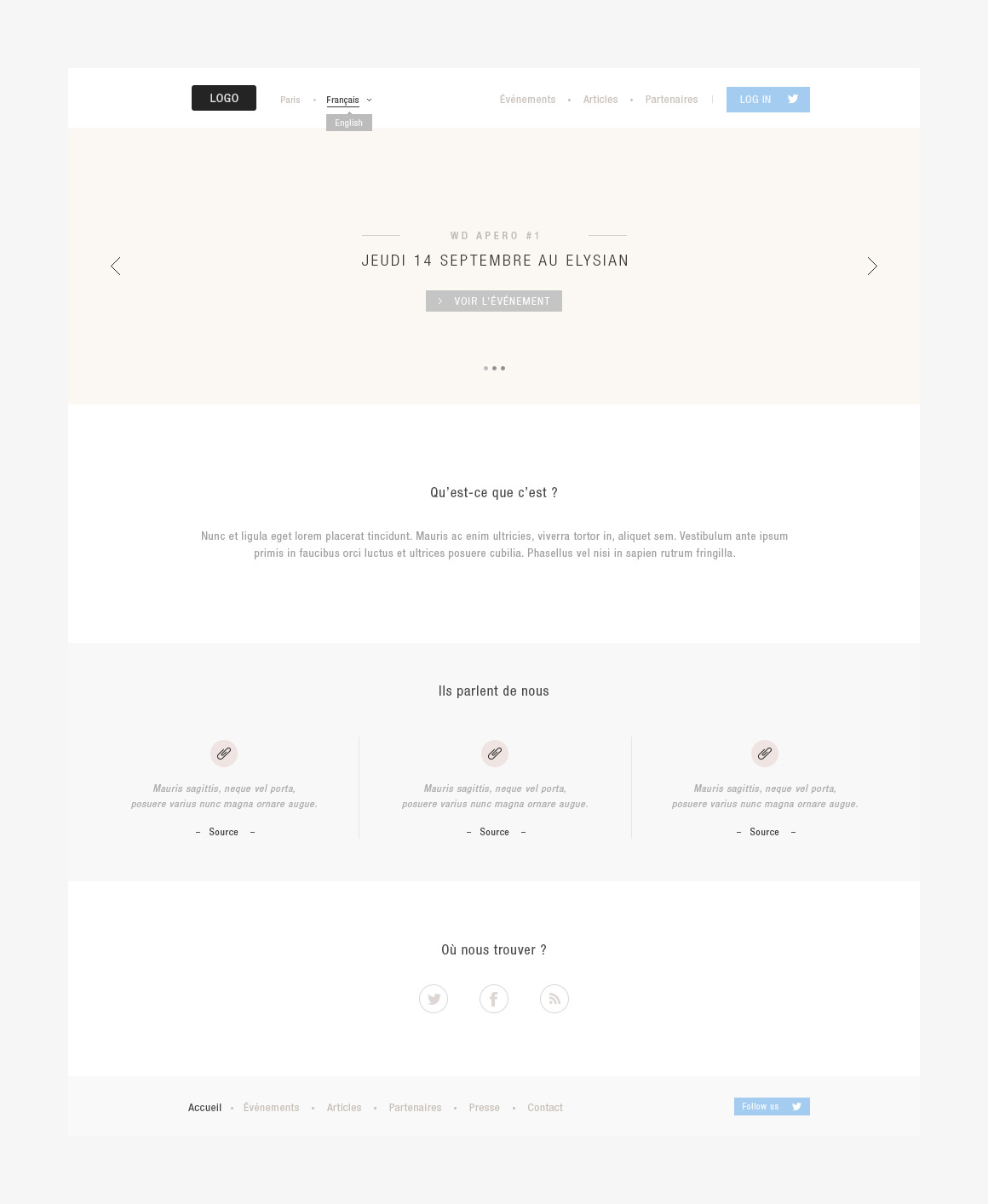 Home page wireframe of WD apéro, a community website created by Antoine Desmeliers,
Antoine Plu, Vincent Desdoigts et Claire Coloma