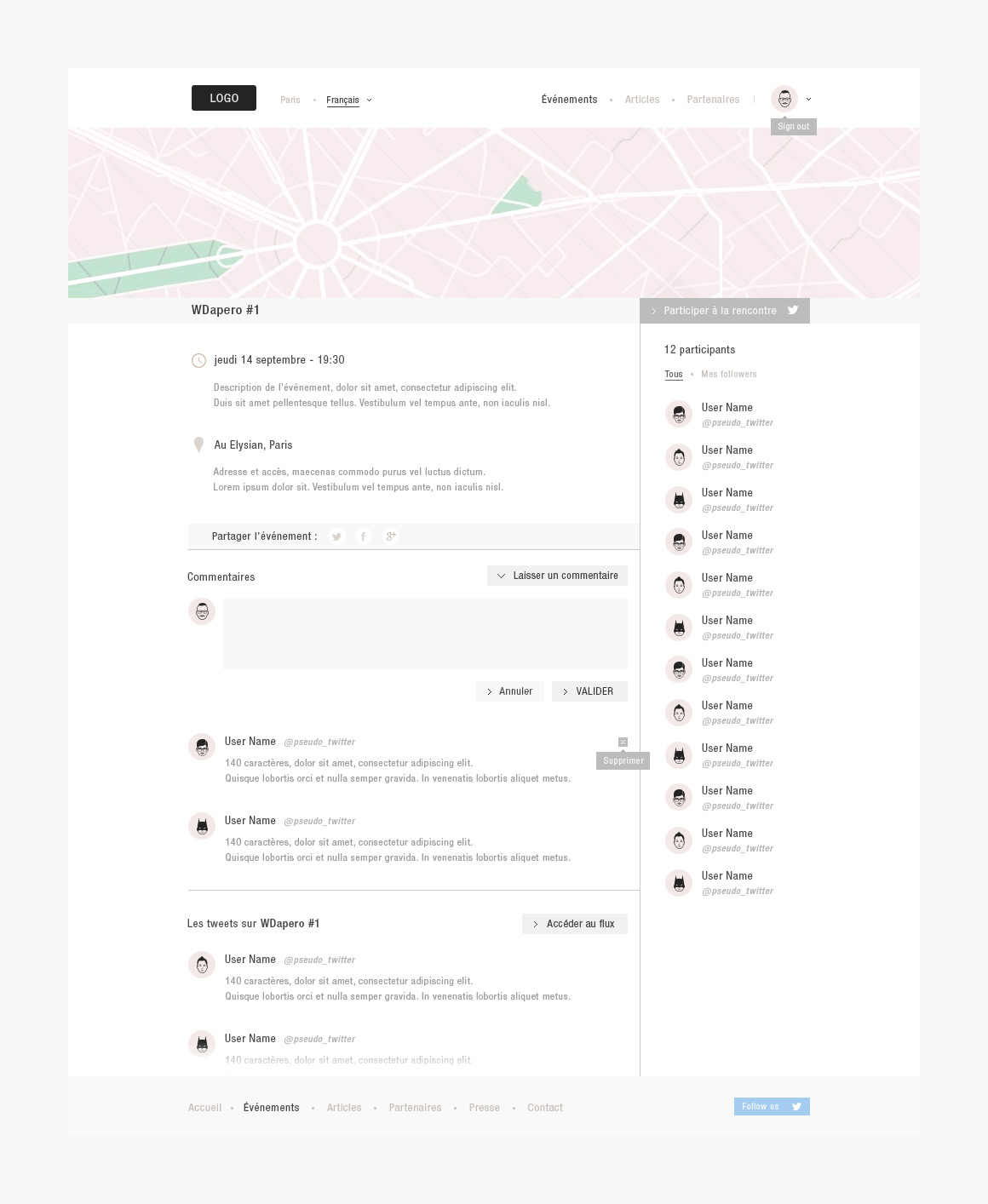 Event page wireframe of WD apéro, a community website created by Antoine Desmeliers,
Antoine Plu, Vincent Desdoigts et Claire Coloma