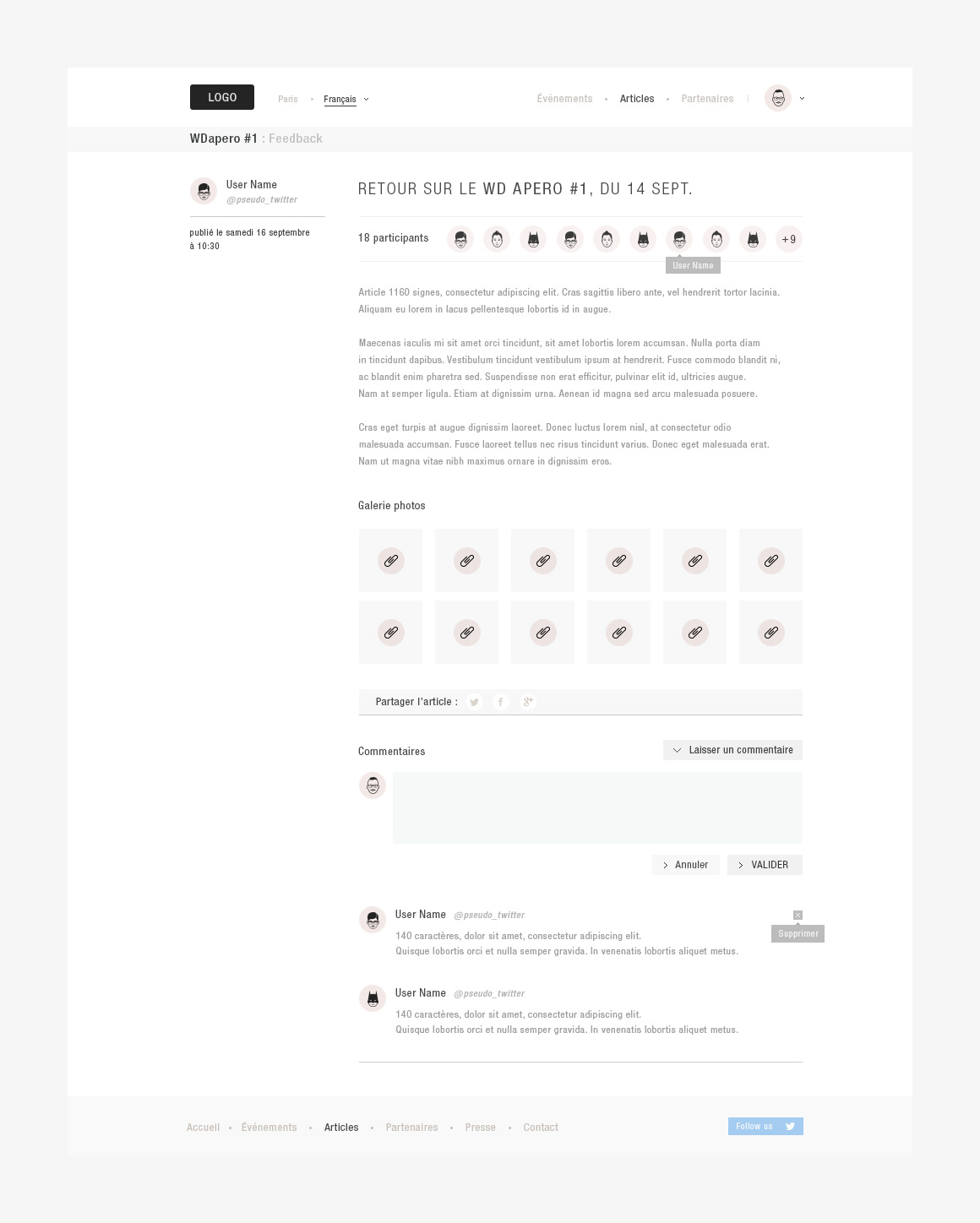 Article wireframe of WD apéro, a community website created by Antoine Desmeliers,
Antoine Plu, Vincent Desdoigts et Claire Coloma
