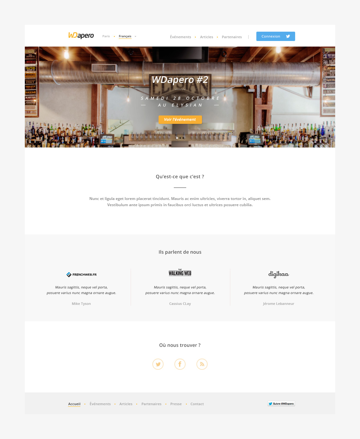 Home page webdesign of WD apéro, a community website created by Antoine Desmeliers, Antoine Plu,
Vincent Desdoigts et Claire Coloma