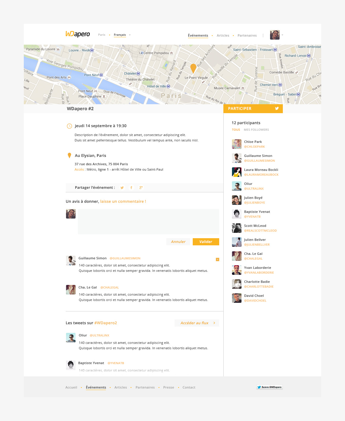 Event page webdesign of WD apéro, a community website created by Antoine Desmeliers, Antoine Plu,
Vincent Desdoigts et Claire Colomad