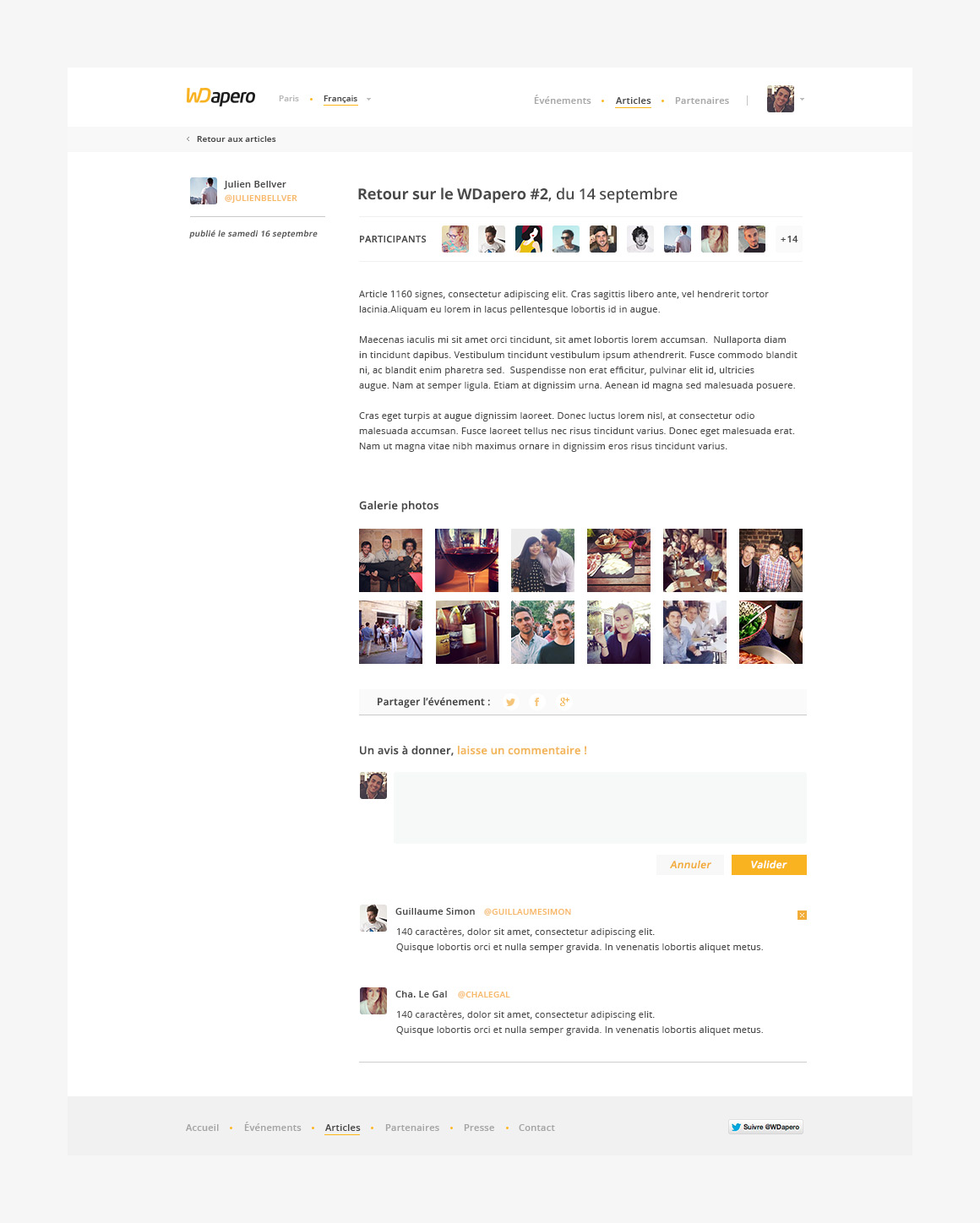 Article page webdesign of WD apéro, a community website created by Antoine Desmeliers, Antoine Plu,
Vincent Desdoigts et Claire Coloma